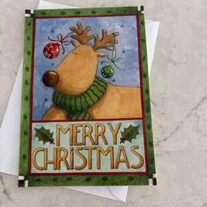 Merry Christmas Greetings Card Festive Holiday Reindeer with Ornaments Pine Cone